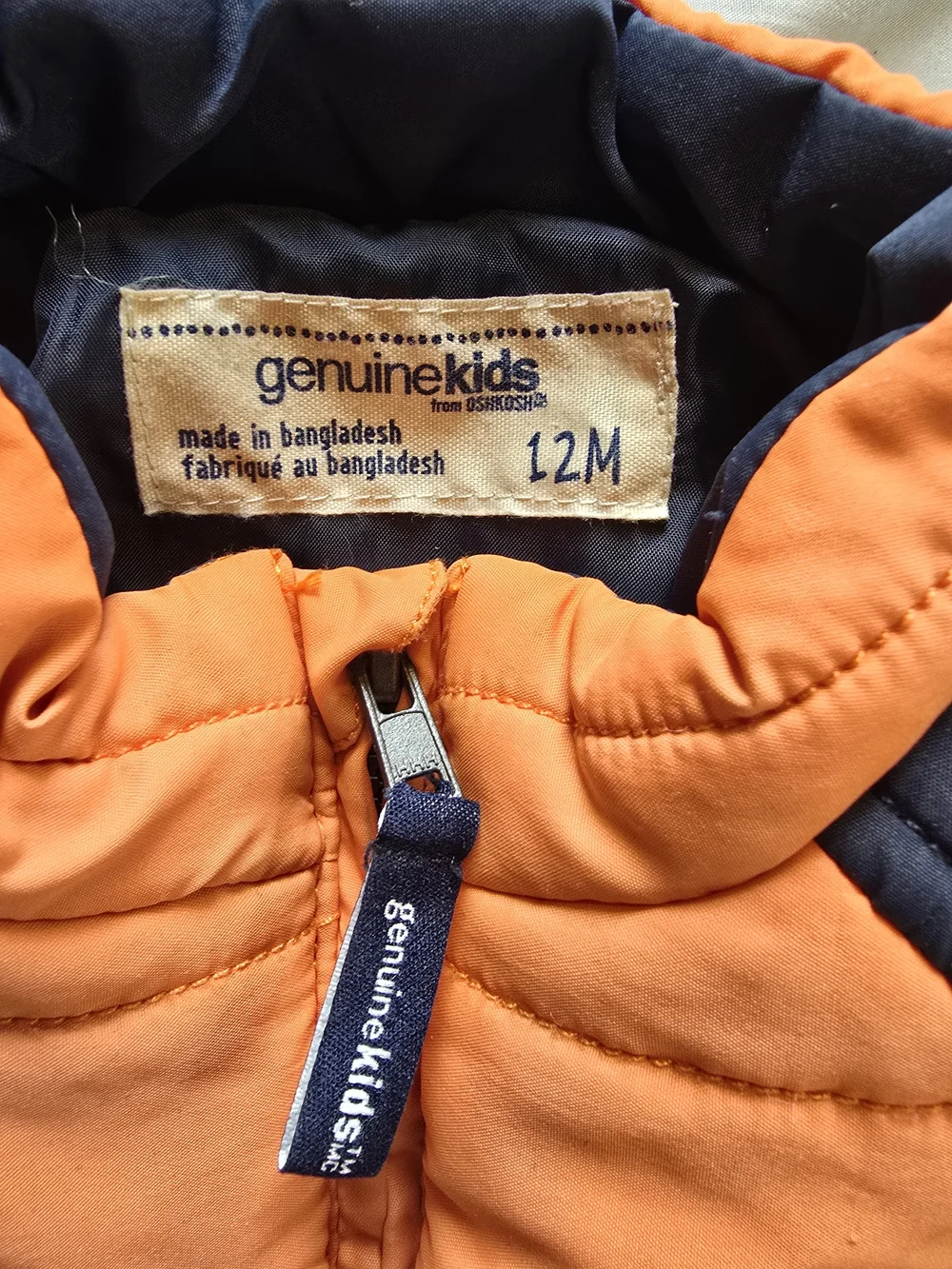 Genuine Kids by OshKosh Baby Puffer Vest Orange Navy Size 12M Full Zip